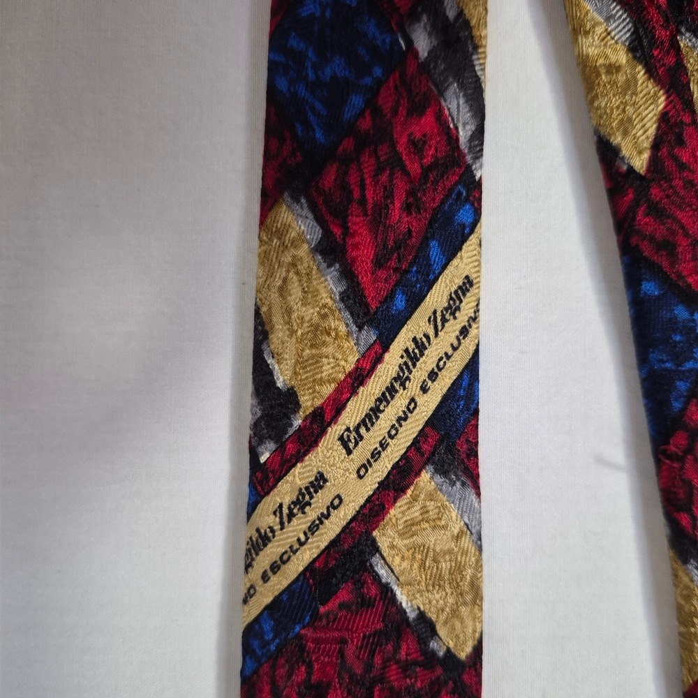Ermenegildo Zegna Tie Mens Red Blue Geometric Abstract Silk Necktie Italy Office - Picture 4 of 9